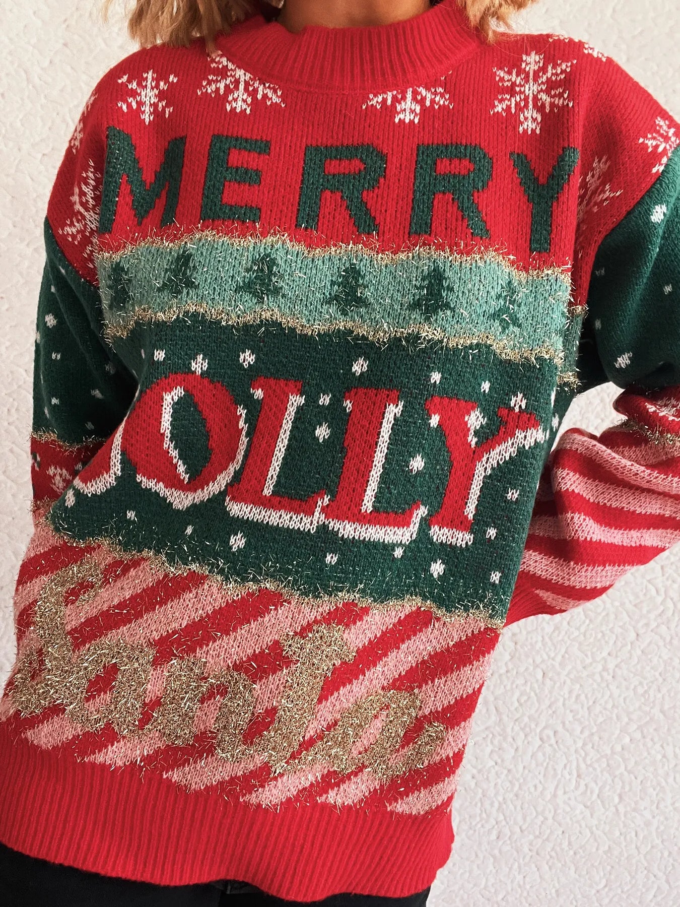 Trendsi Red / One Size Christmas Letter Round Neck Long Sleeve Sweater