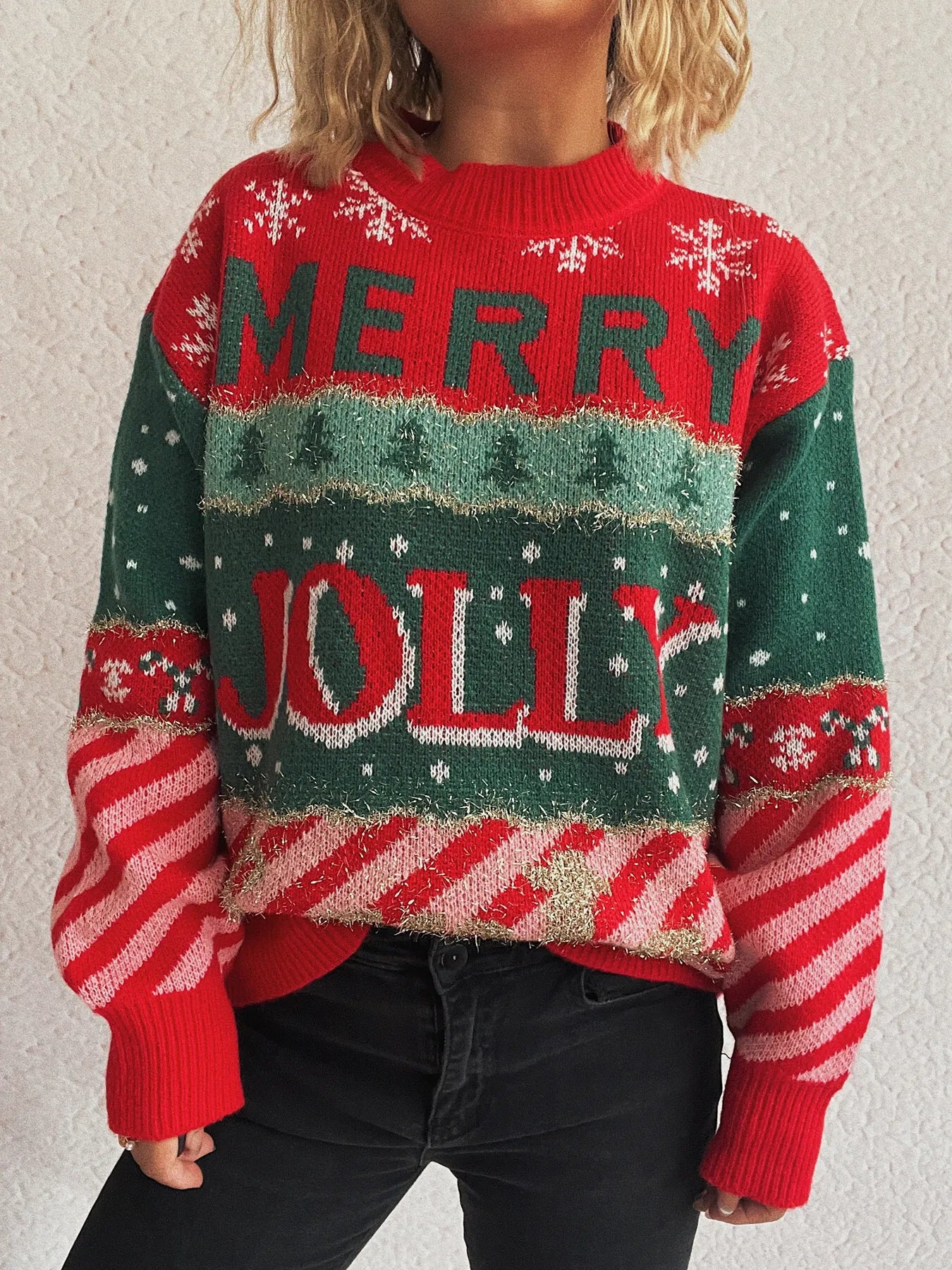 Trendsi Red / One Size Christmas Letter Round Neck Long Sleeve Sweater