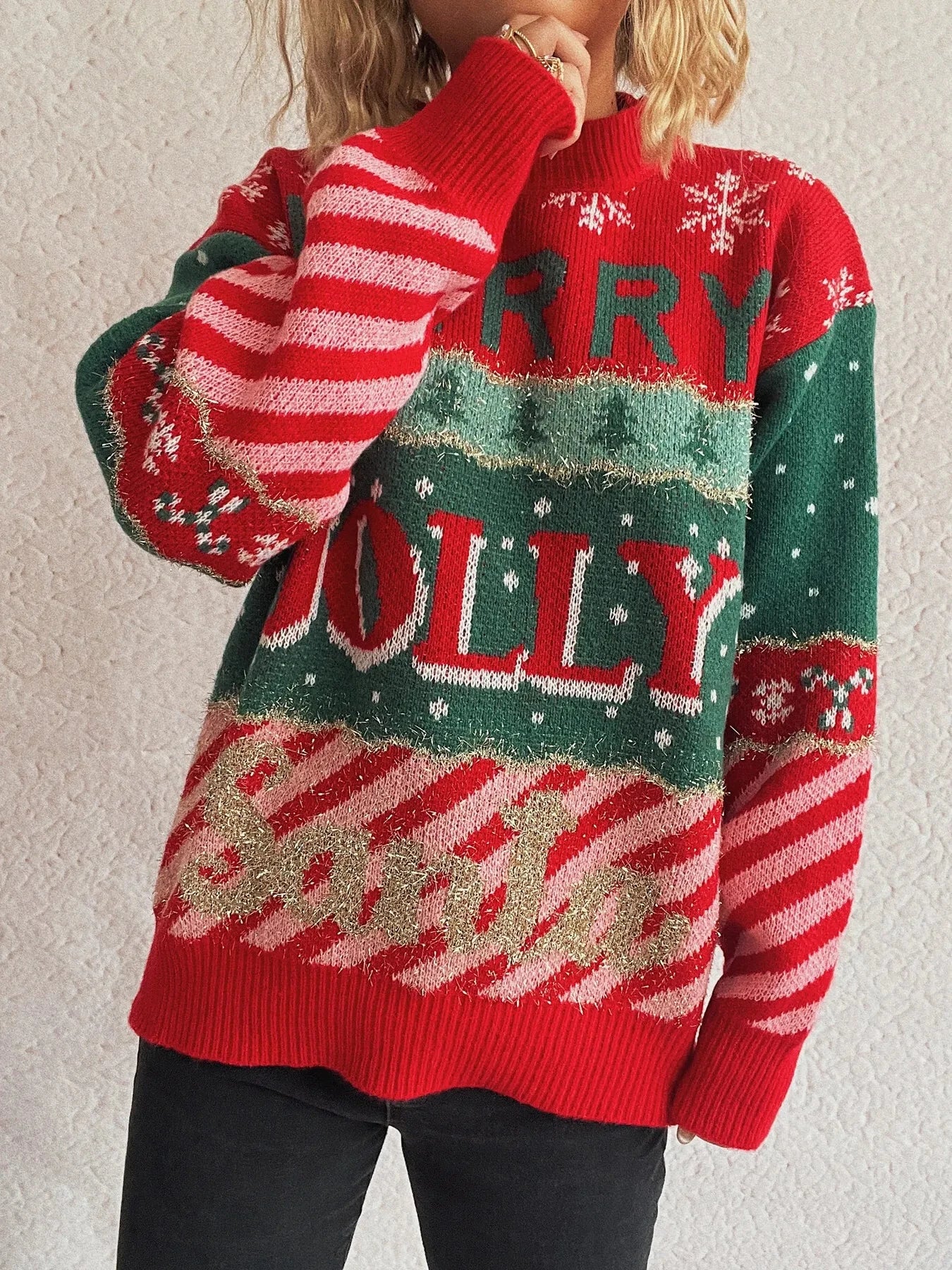 Trendsi Red / One Size Christmas Letter Round Neck Long Sleeve Sweater