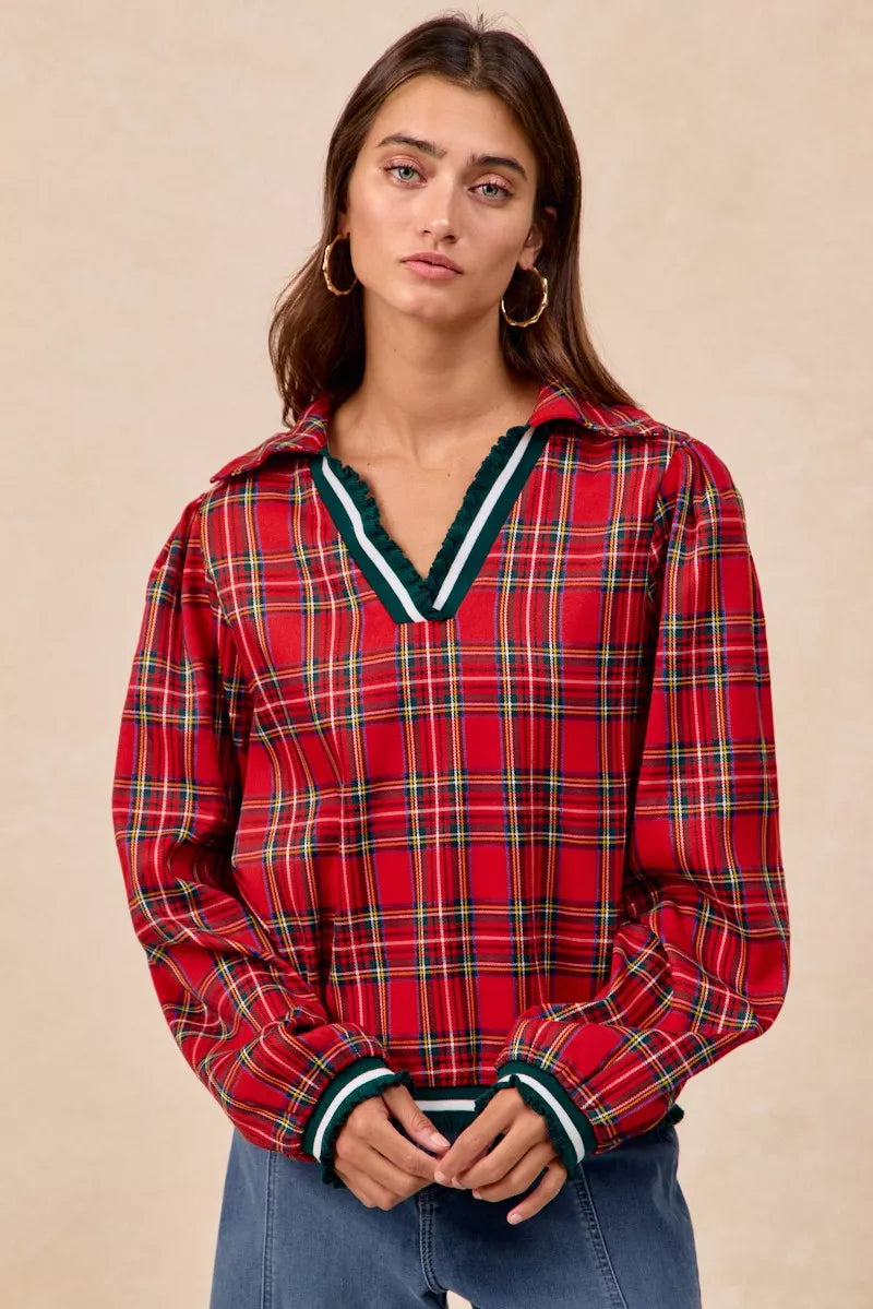 Trendsi RED / S BiBi Christmas Plaid Collared Top with Ruffled Detail