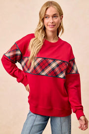 Trendsi RED / S BiBi Christmas Theme Plaid Block Sweatshirt with Binding