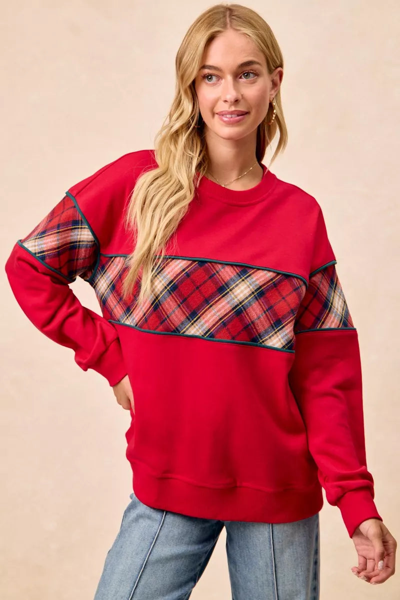 Trendsi RED / S BiBi Christmas Theme Plaid Block Sweatshirt with Binding