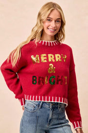Trendsi RED / S BiBi Christmas Theme Sequin Lattering Sweater