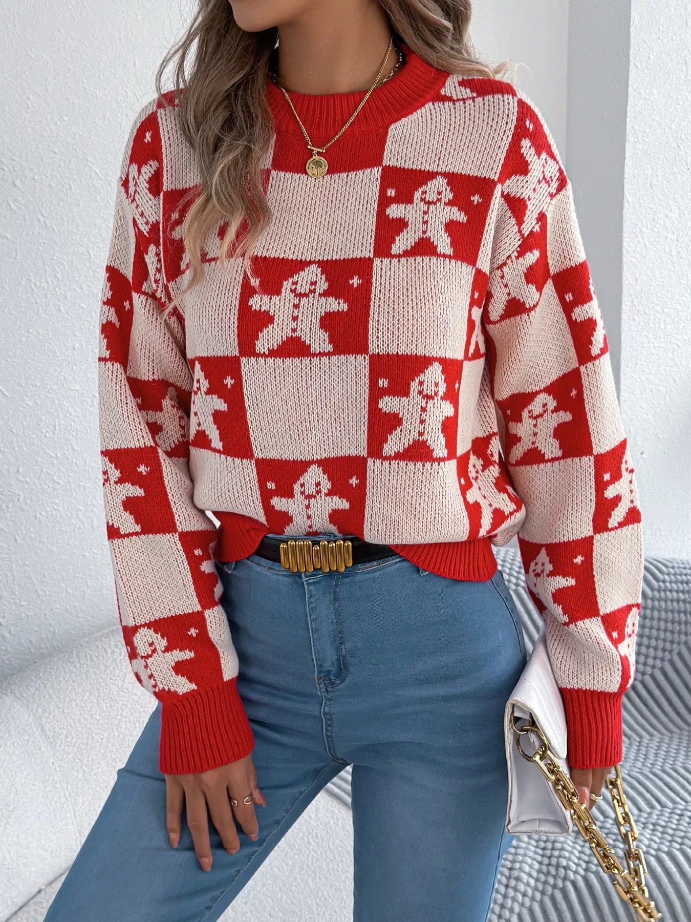 Trendsi Red / S Christmas Checkerboard Gingerbread Round Neck Sweater