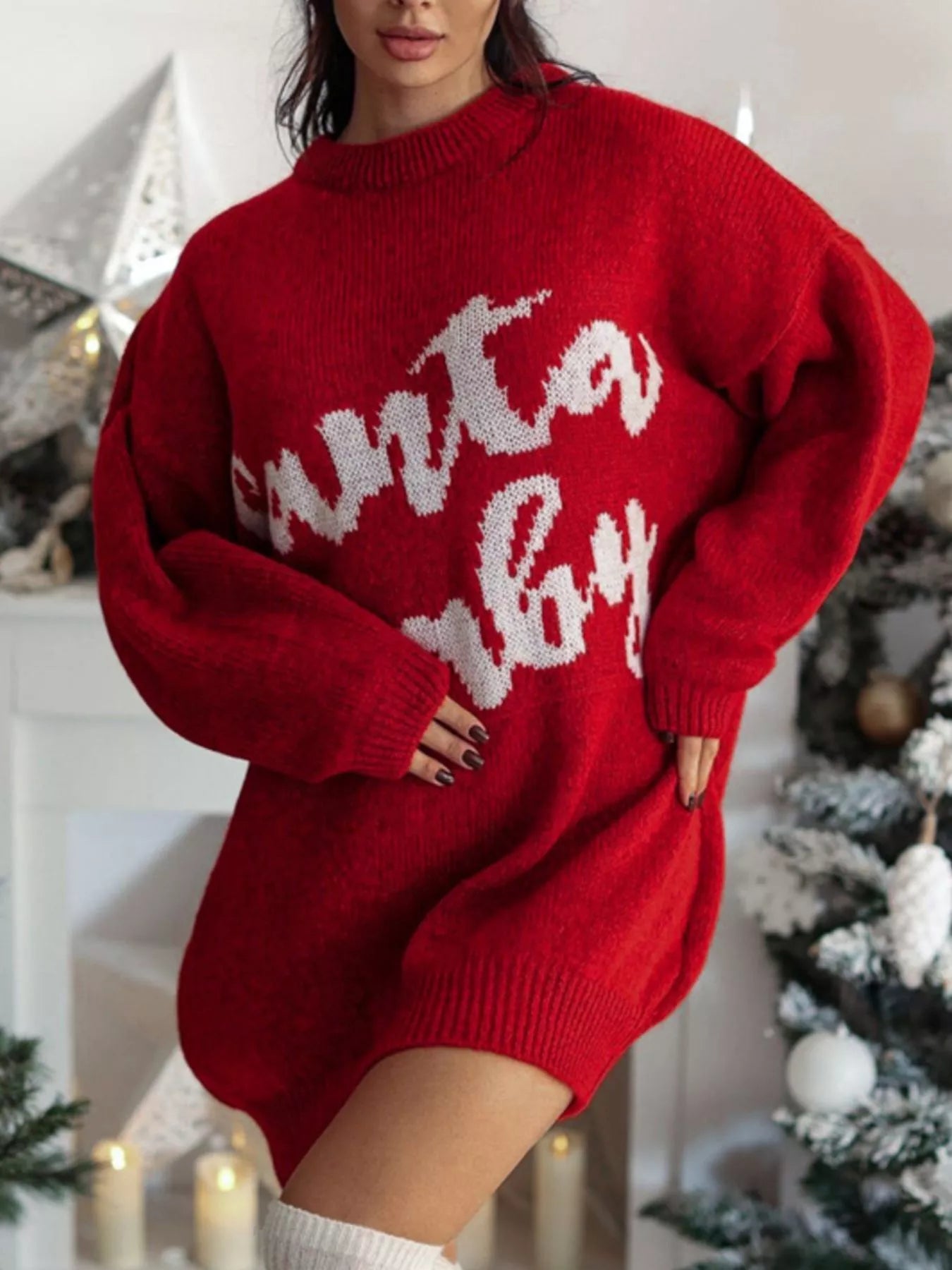 Trendsi Red / S Christmas Letter Oversized Sweater Dress