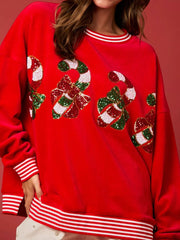 Trendsi Red / S Christmas Sequin Candy Cane and Santa Sweatshirt with Striped Hem