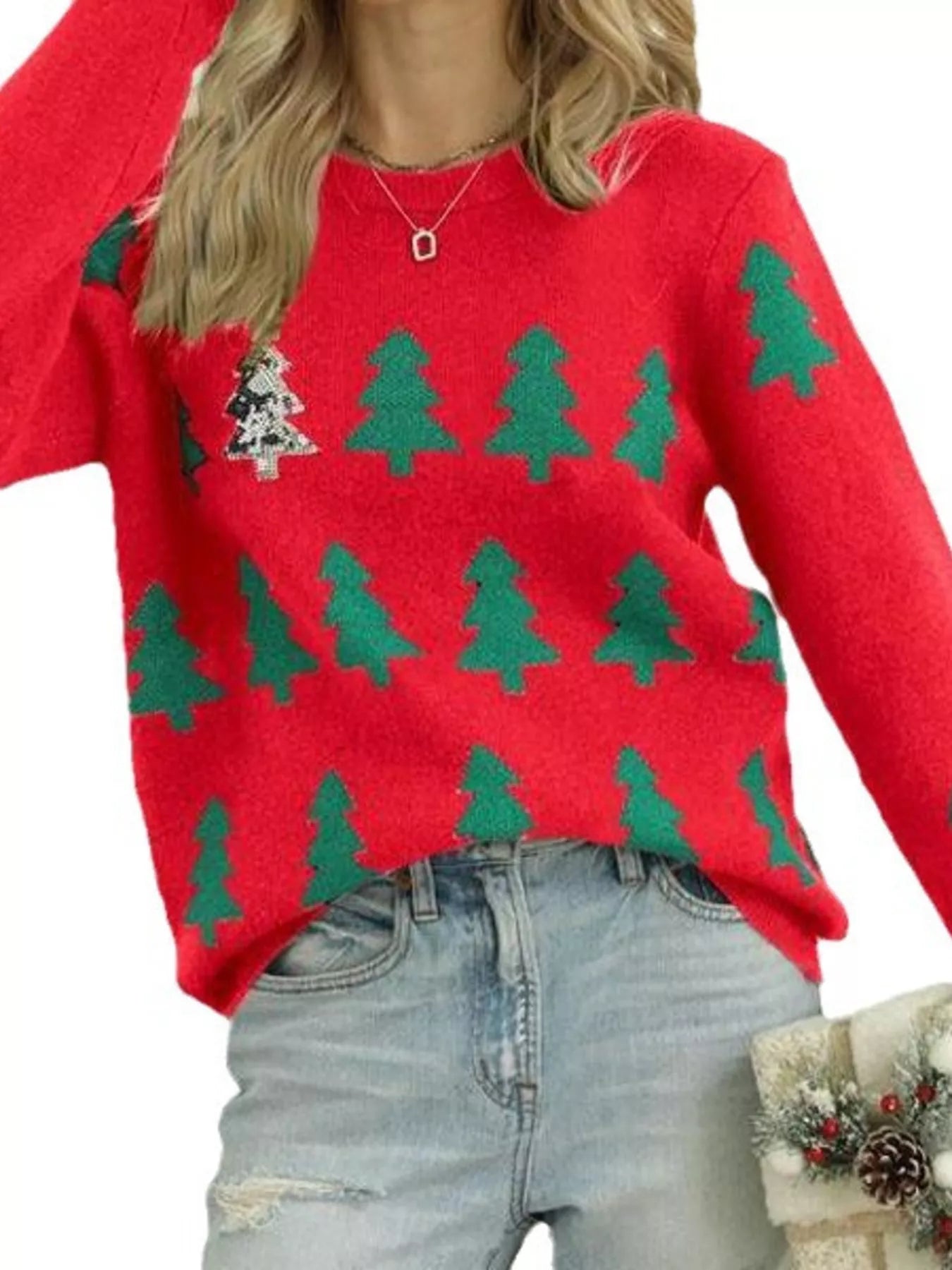 Trendsi Red / S Christmas Tree Pattern Long Sleeve Sweater