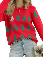 Trendsi Red / S Christmas Tree Pattern Long Sleeve Sweater