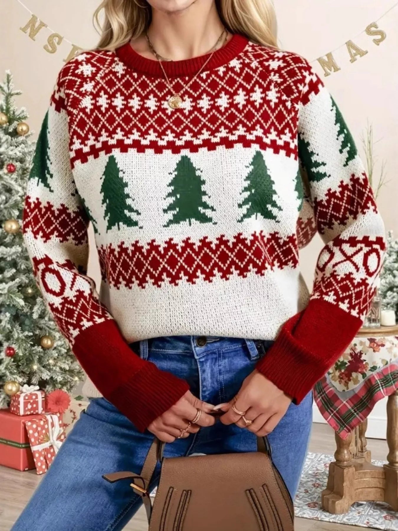 Trendsi Red / S Christmas Tree Pattern Round Neck Sweater