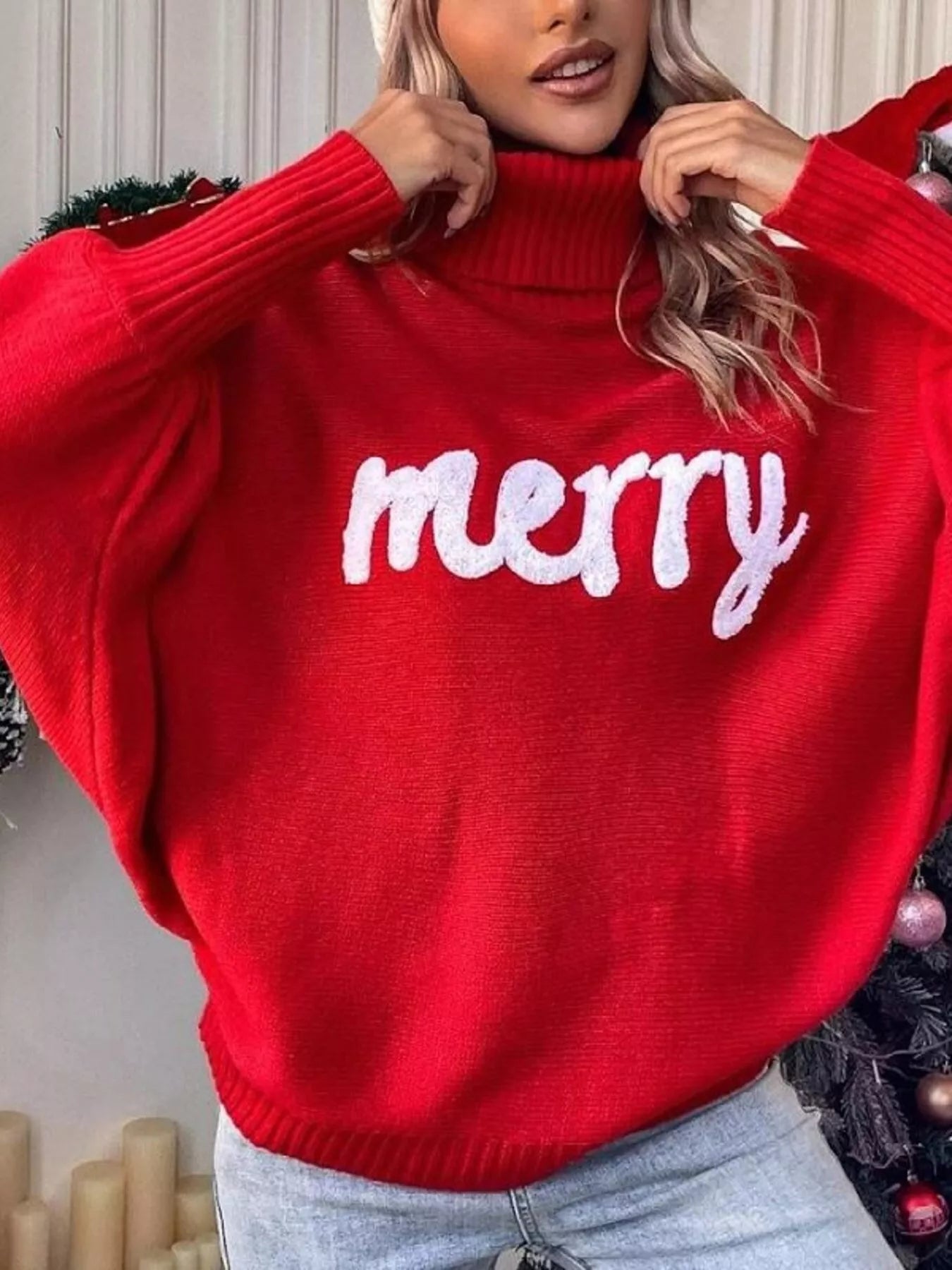 Trendsi Red / S Merry Turtleneck Long Sleeve Christmas Sweater