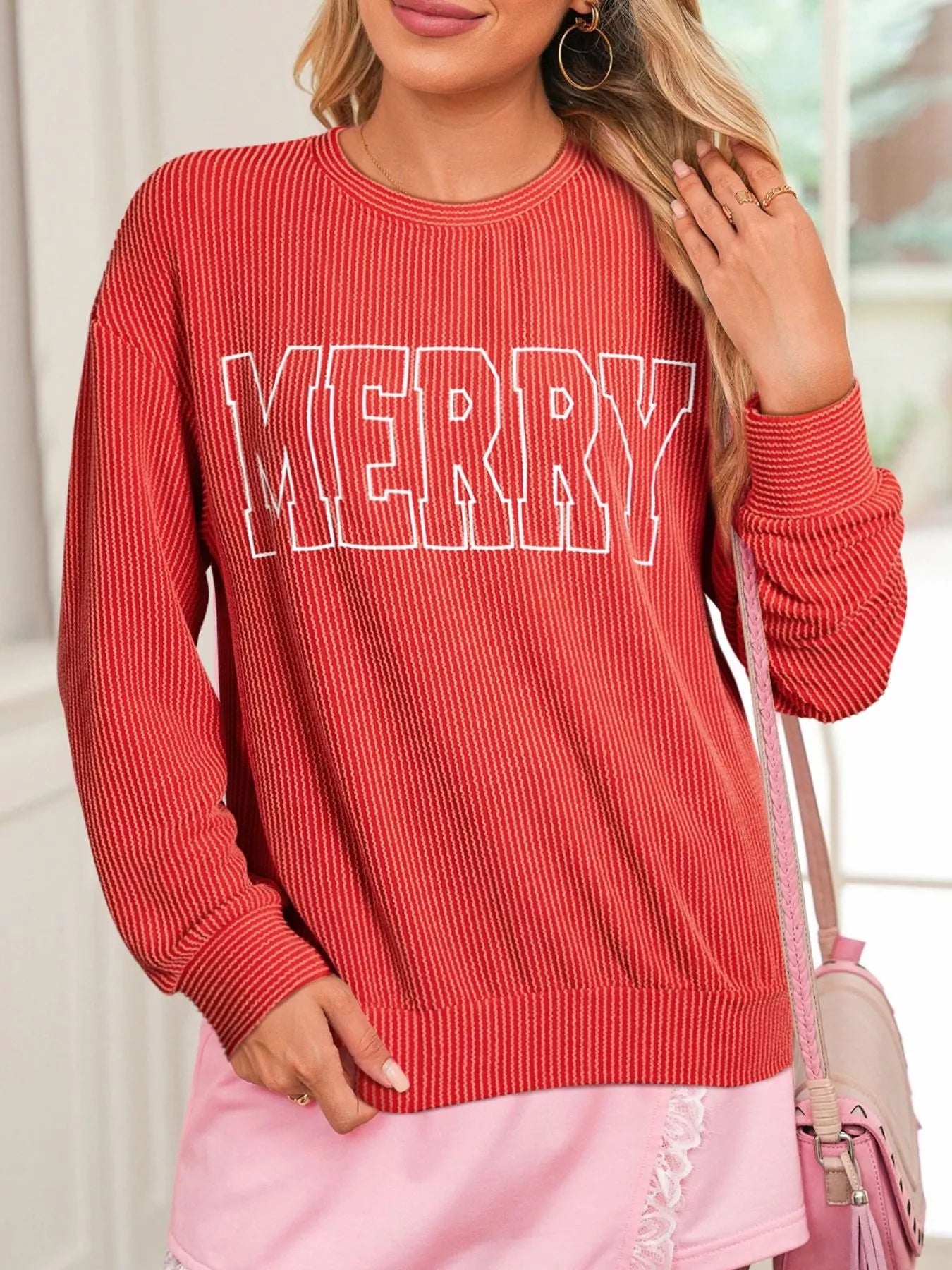 Trendsi Red / S Merry Twisted Rib Christmas Loose Long Sleeve Top