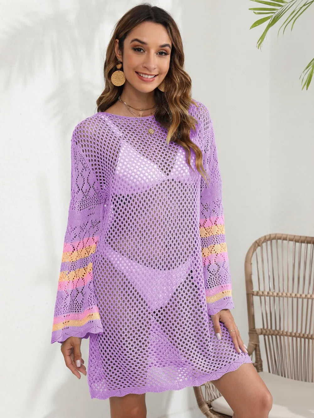 Trendsi Red-Violet / One Size Openwork Contrast Long Sleeve Cover-Up