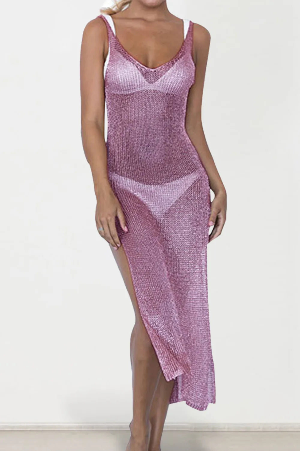 Trendsi Red-Violet / One Size Slit Scoop Neck Sleeveless Cover Up