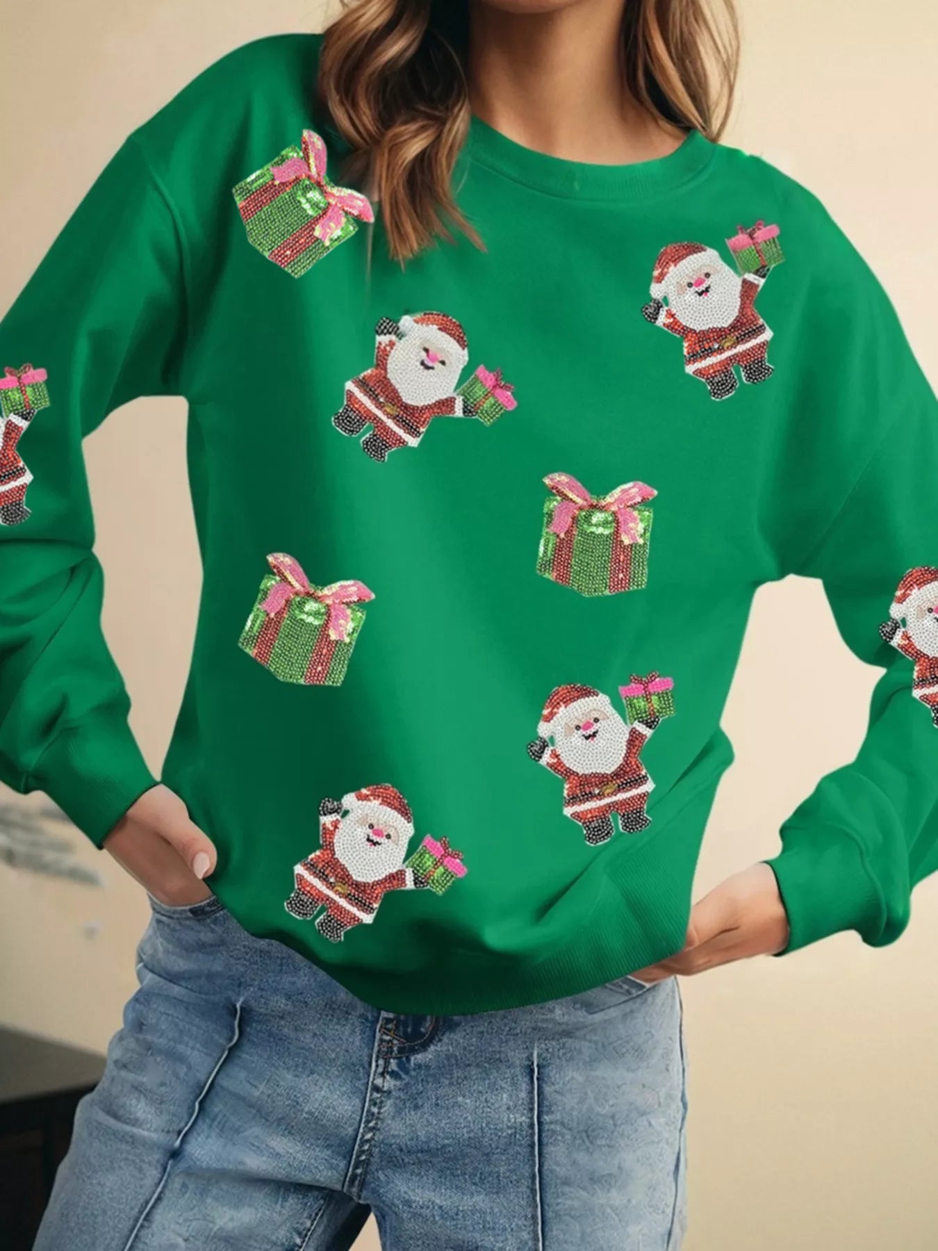 Trendsi Santa Delivering Gifts Christmas Sequin Graphic Sweatshirt