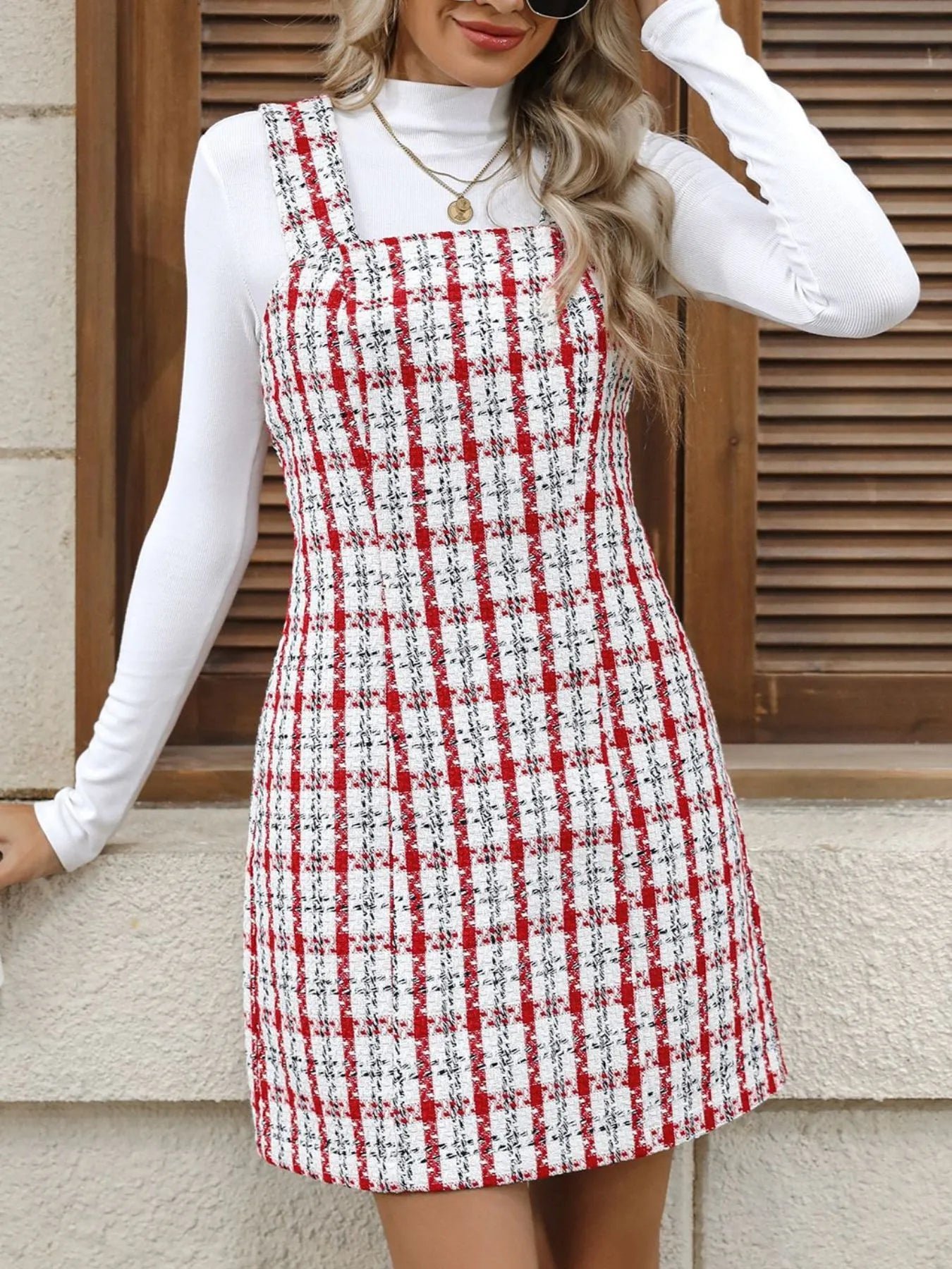 Trendsi Scarlet / S Plaid Tweed Square Neck Mini Dress