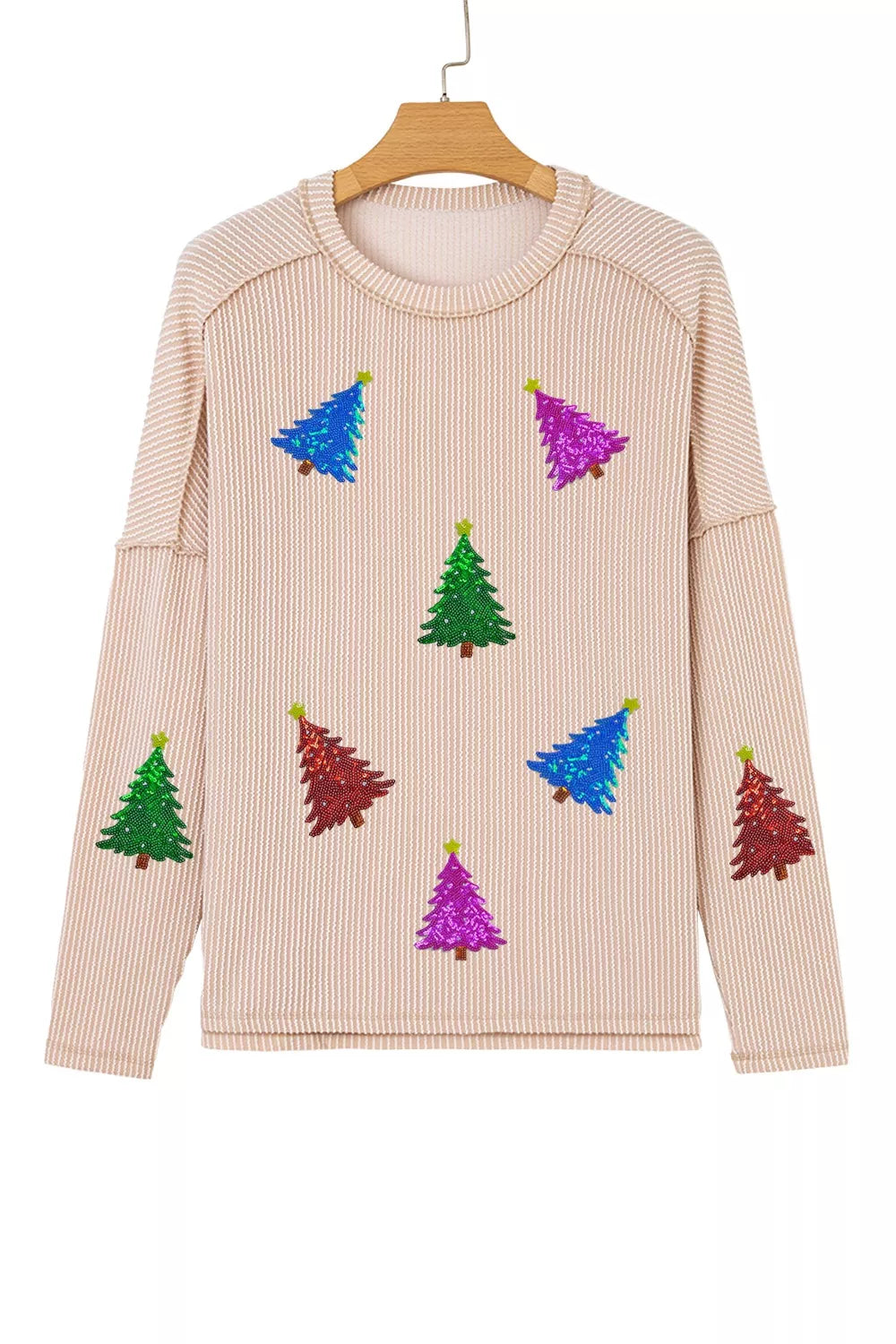 Trendsi Sequin Christmas Tree Exposed Seam Drop Shoulder Ribbed Long Sleeve Top