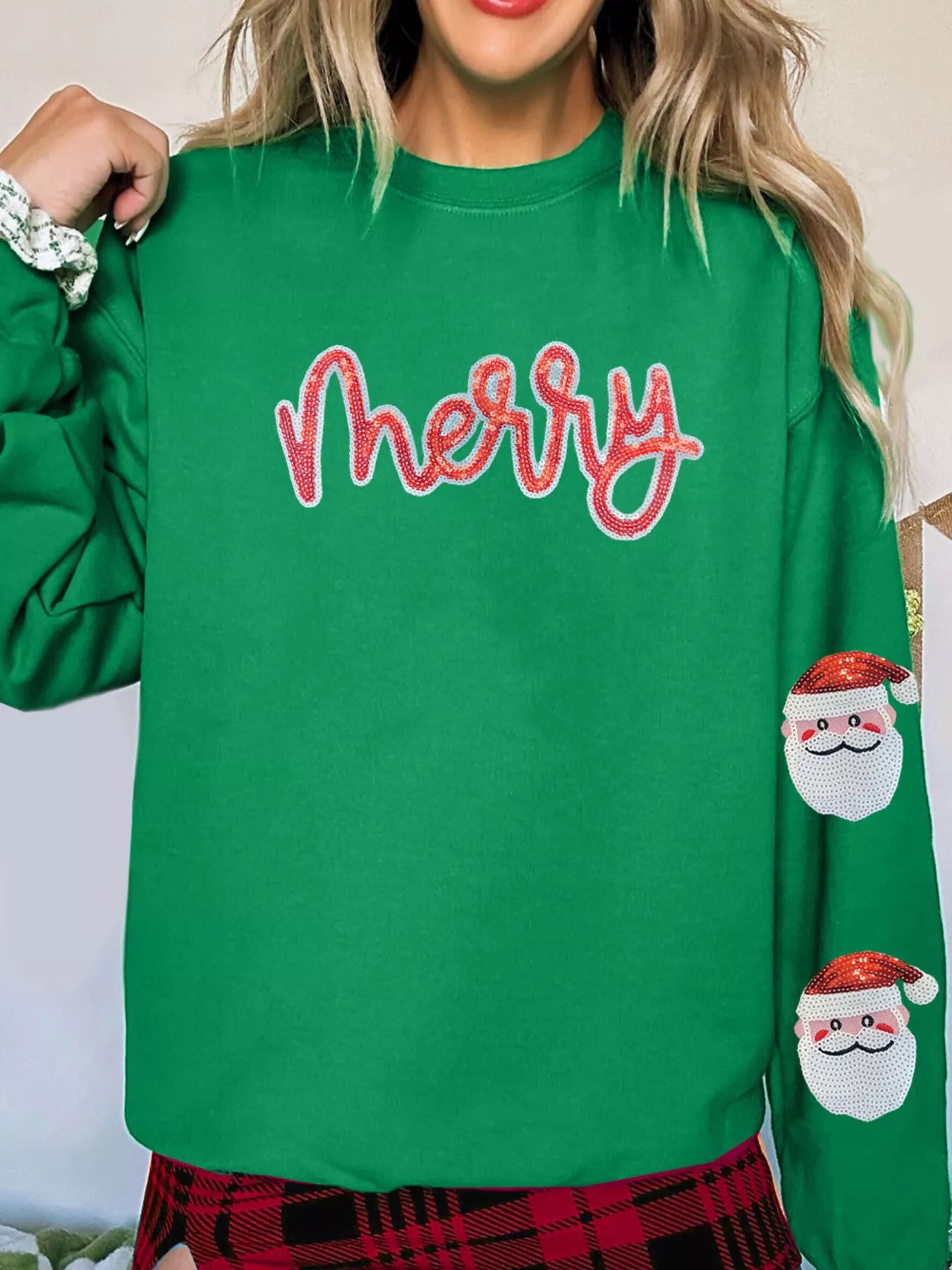 Trendsi Sequin Letter Graphic Father Christmas Patched Sleeve Drop Shoulder Sweatshirt