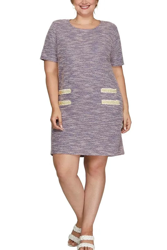 Trendsi She + Sky Full Size Short Sleeve Pearl Studded Trim Knit Tweed Dress Plus Size