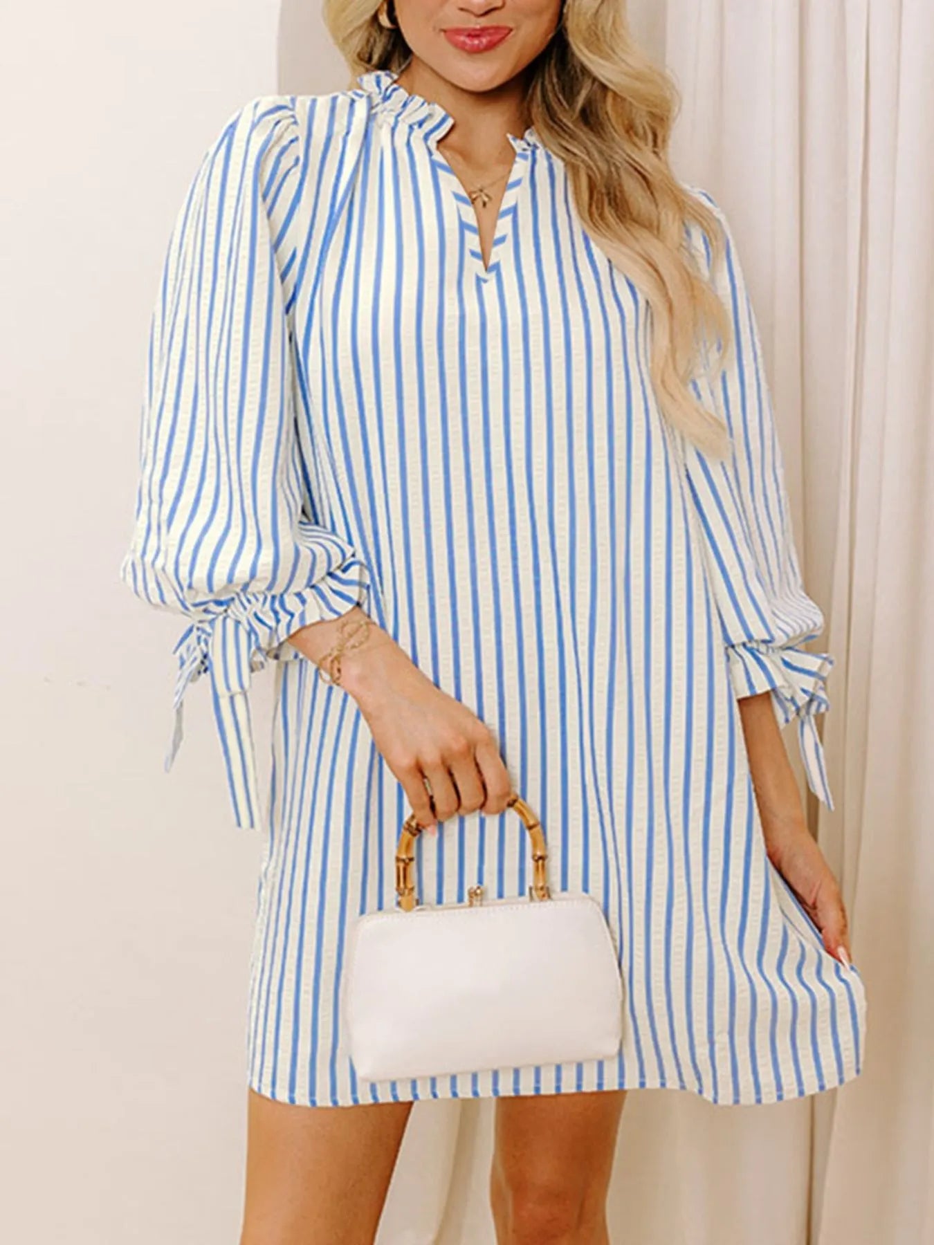 Trendsi Sky Blue Stripe / S Stripe Knotted Sleeve Notched Shift Mini Dress
