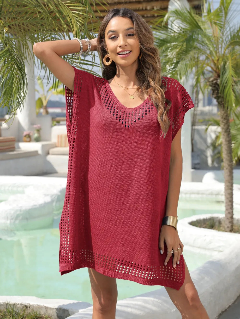 Trendsi Slit Openwork V-Neck Cover-Up