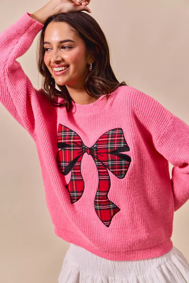 Trendsi SO ME Checker Plaid Ribbon Christmas Holiday Sweater