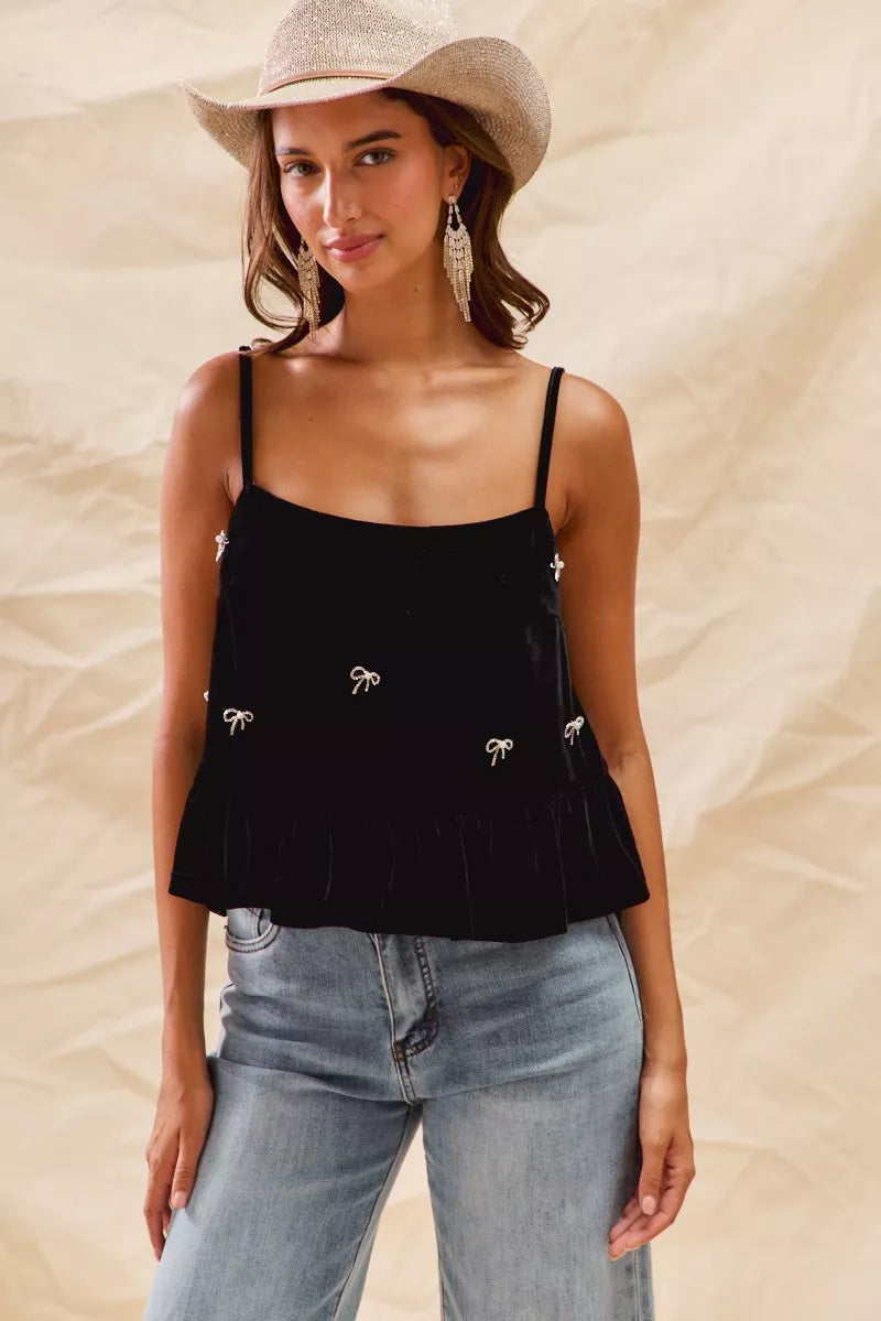 Trendsi SO ME Holiday Velvet Ribbon Rhinestone Christmas Top