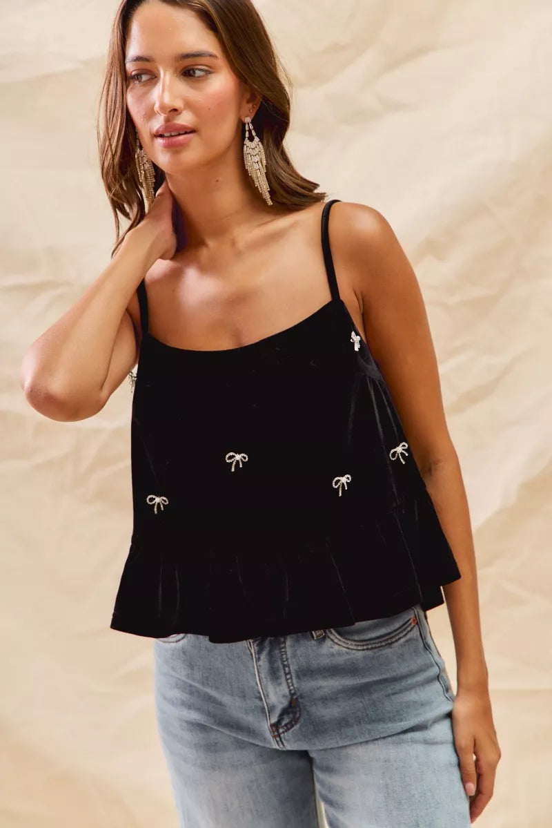 Trendsi SO ME Holiday Velvet Ribbon Rhinestone Christmas Top