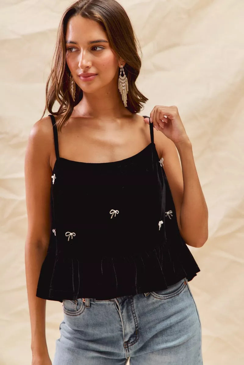 Trendsi SO ME Holiday Velvet Ribbon Rhinestone Christmas Top