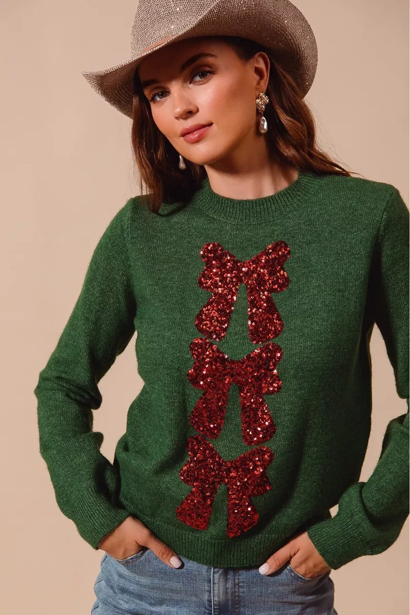 Trendsi SO ME Sequins Bow Ribbon Embellished Christmas Sweater