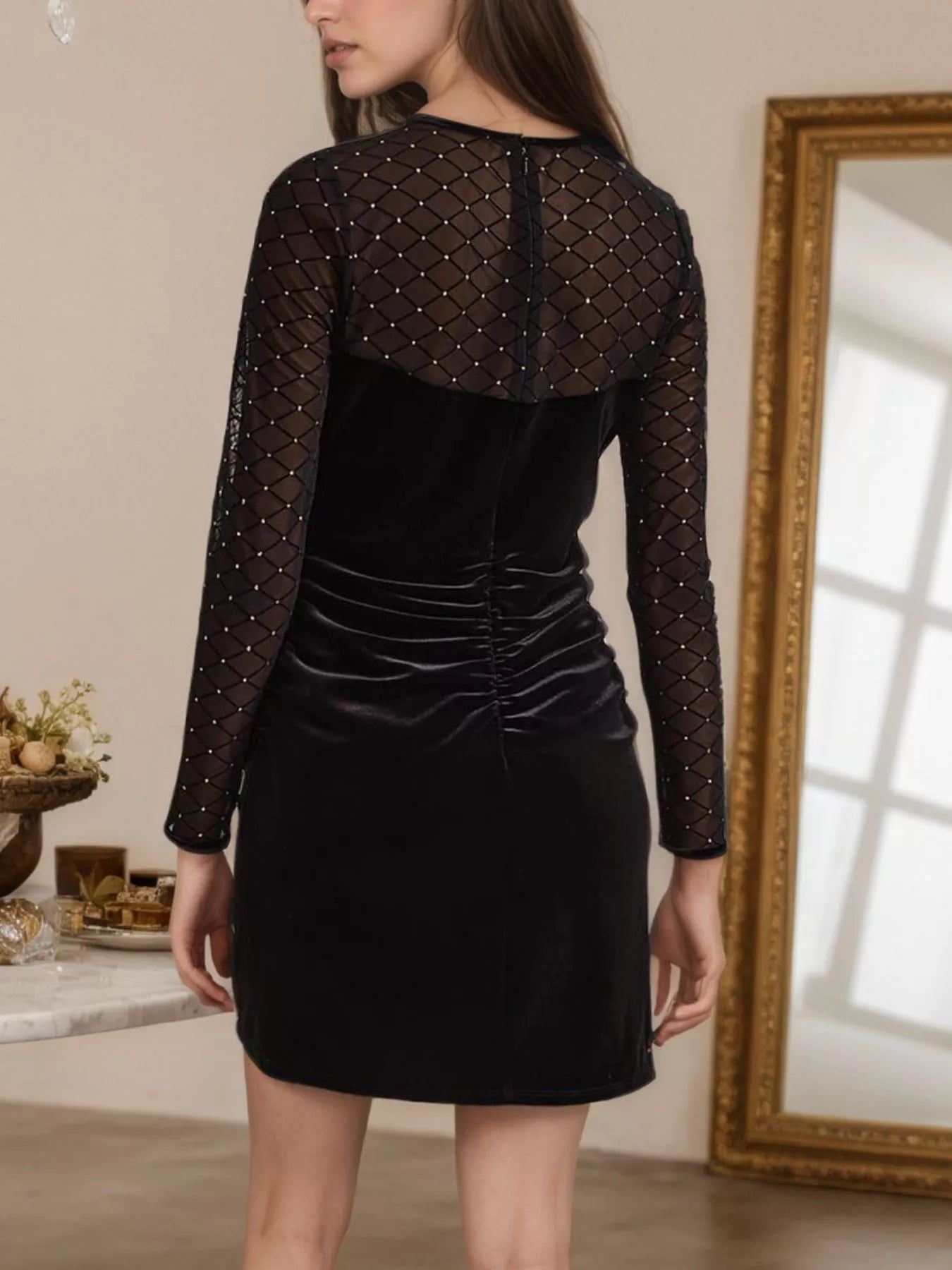 Trendsi Sparkle Mesh Sleeve Velvet Christmas Party Mini Dress