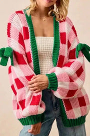 Trendsi Strawberry / S Checkered Bow-Tie Sleeve Knit Christmas Cardigan