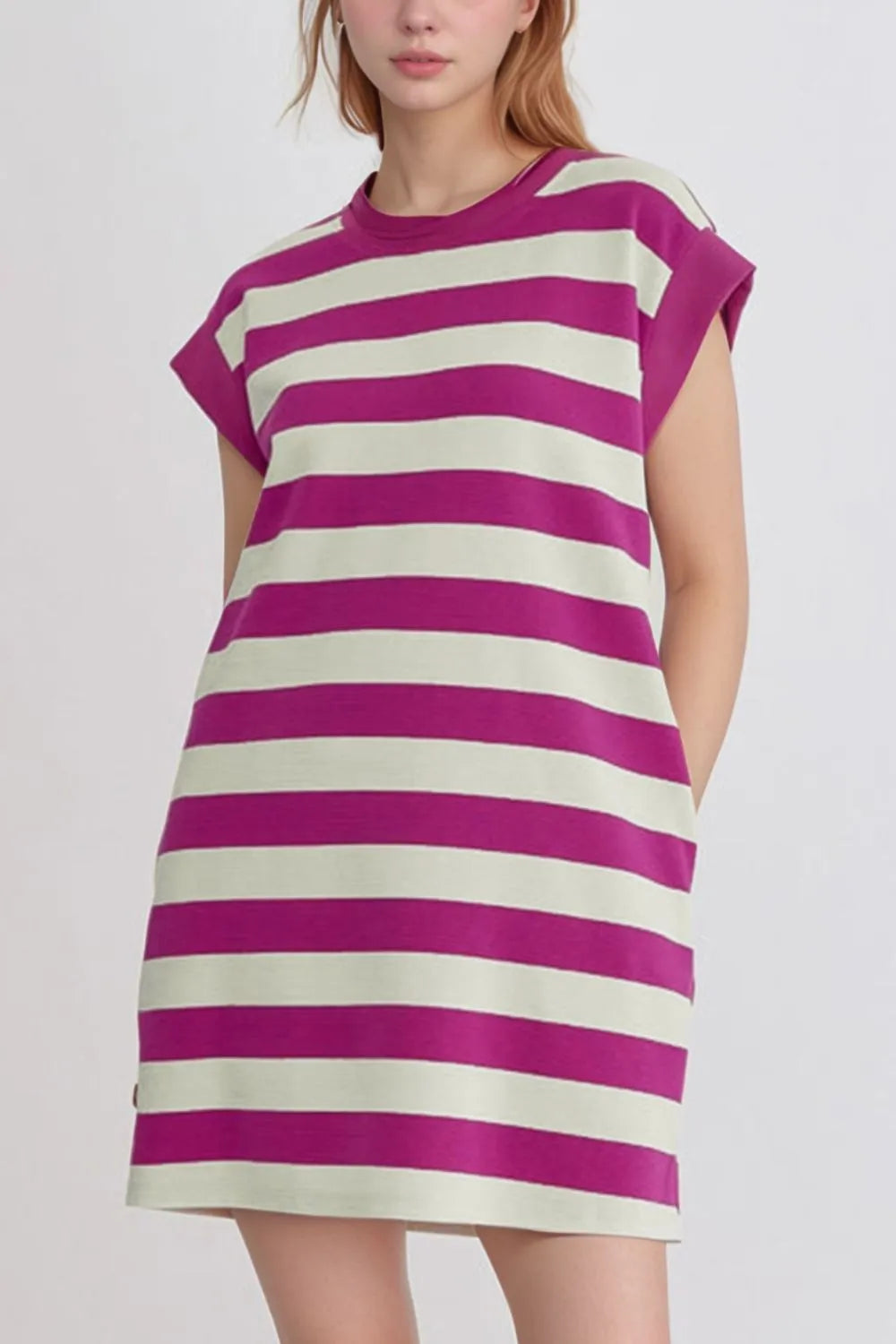 Trendsi Stripe Cap Sleeve Pocketed Shift Tee Dress