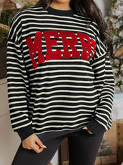 Trendsi Stripe Contrast MERRY Letter Christmas Print Drop Shoulder Sweatshirt