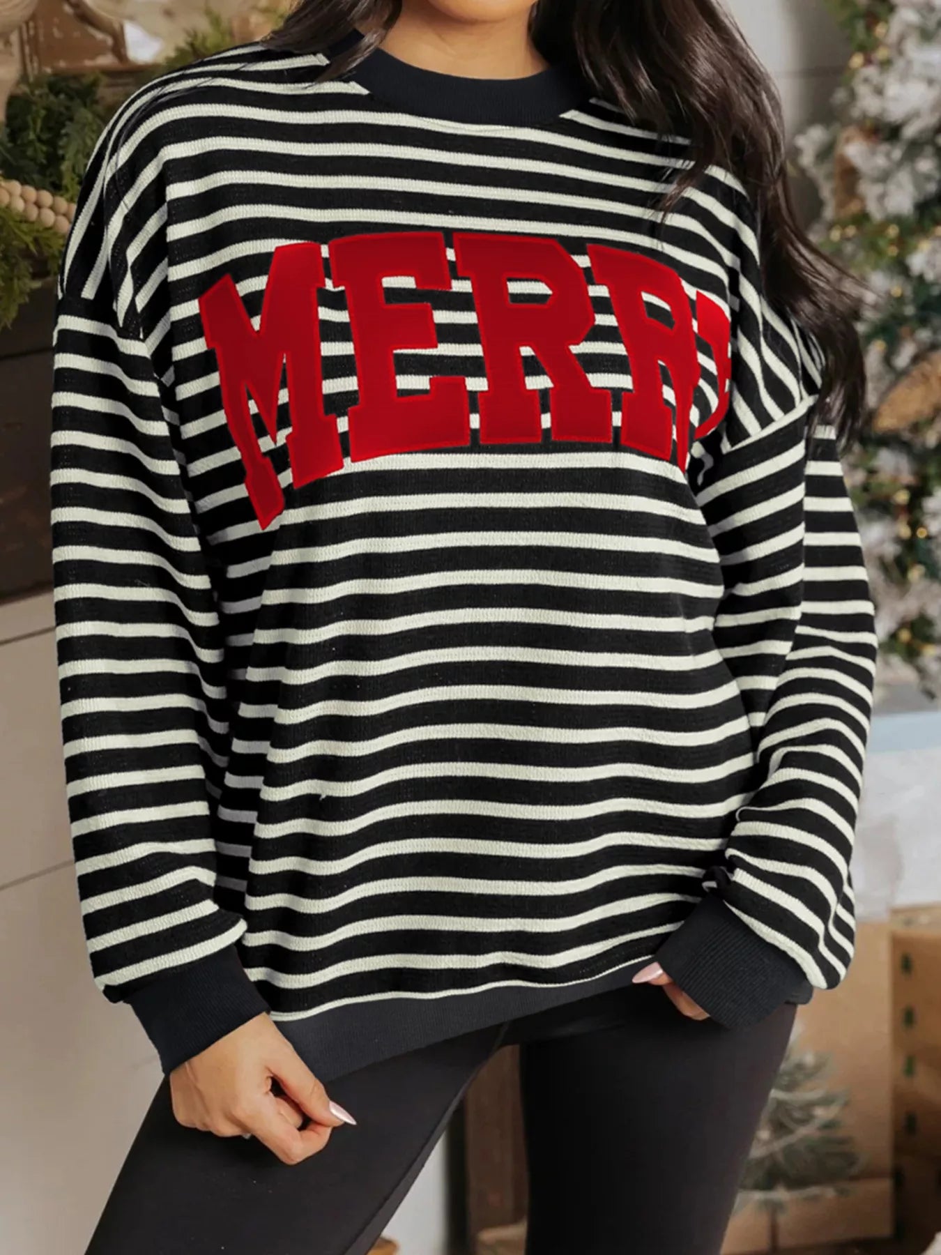 Trendsi Stripe Contrast MERRY Letter Christmas Print Drop Shoulder Sweatshirt