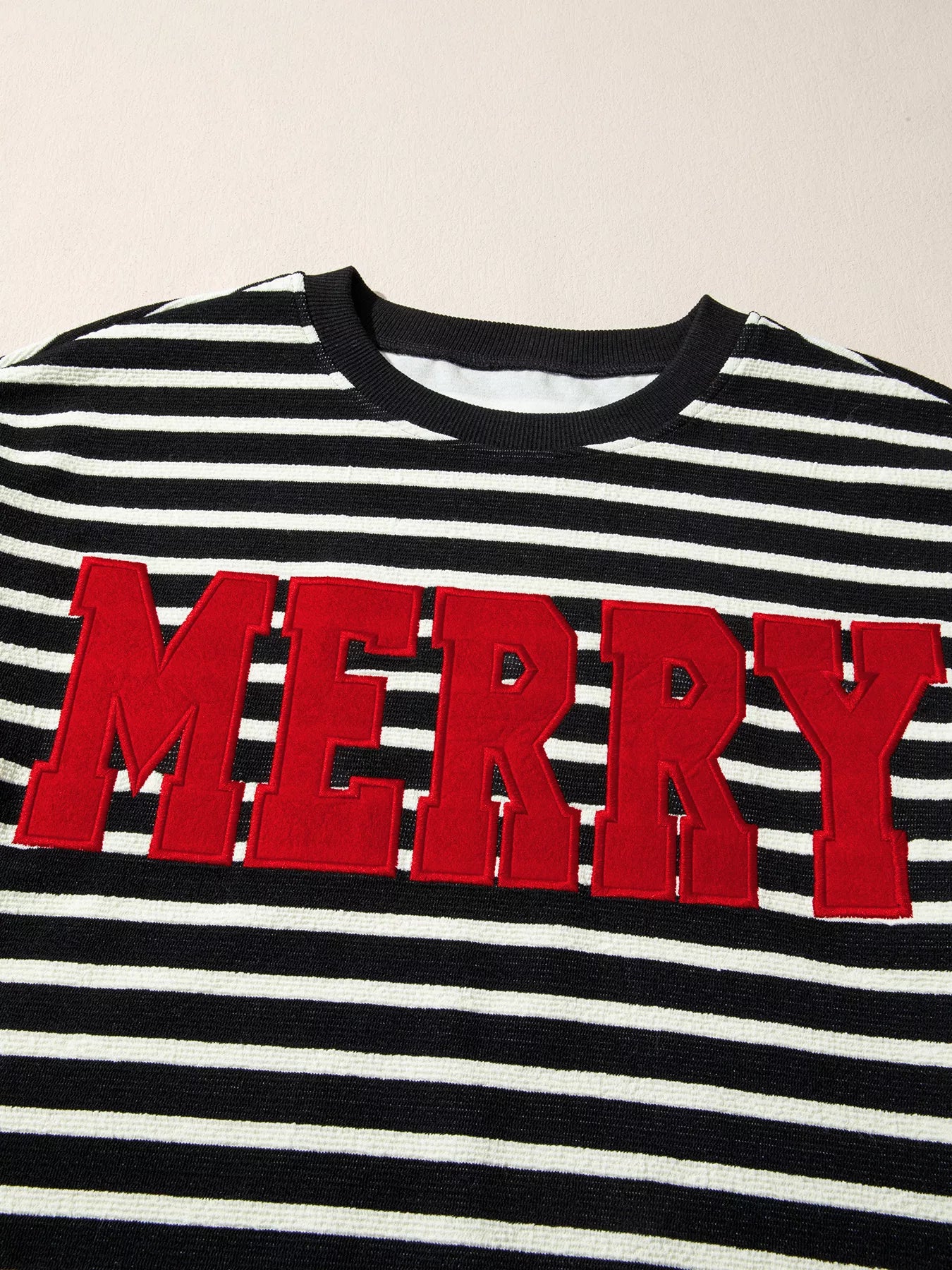 Trendsi Stripe Contrast MERRY Letter Christmas Print Drop Shoulder Sweatshirt