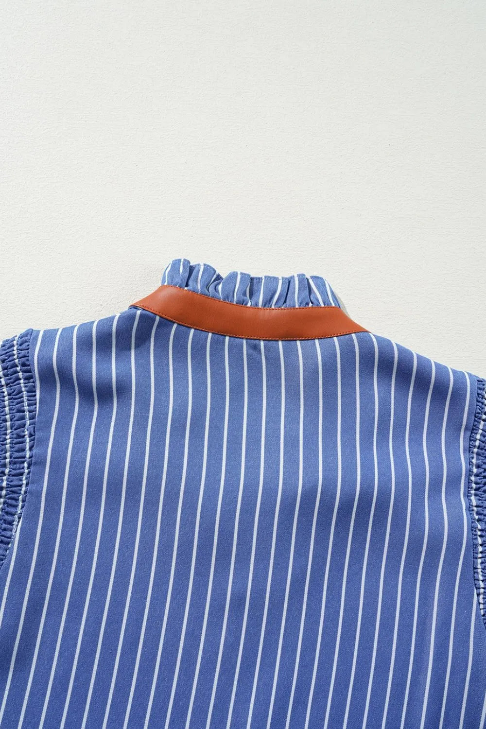 Trendsi Stripe Frilly Split Neck Shirred Ruffle Sleeve Short Shift Dress