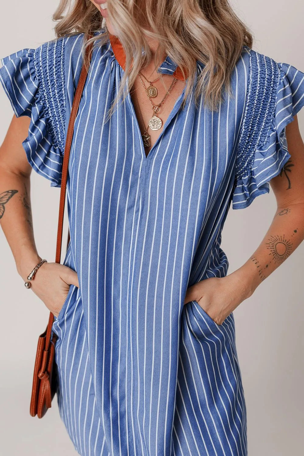 Trendsi Stripe Frilly Split Neck Shirred Ruffle Sleeve Short Shift Dress