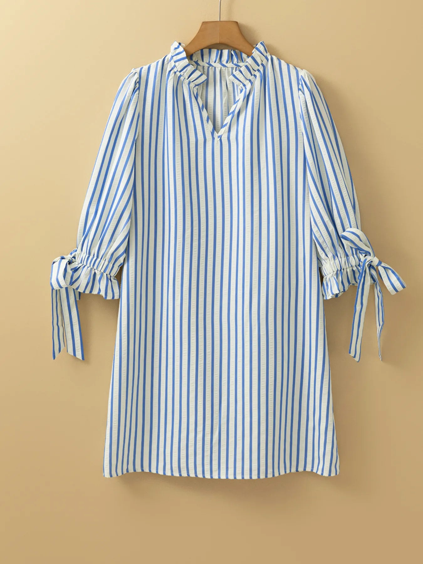 Trendsi Stripe Knotted Sleeve Notched Shift Mini Dress
