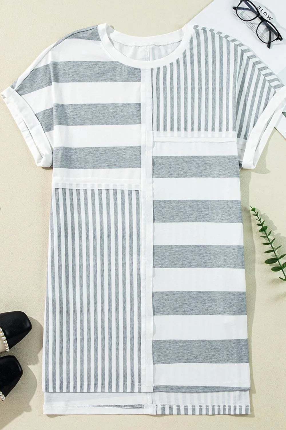 Trendsi Stripe Mixed Short Sleeve Shift Mini Tee Dress