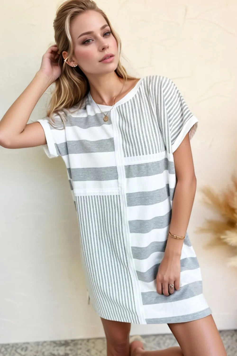 Trendsi Stripe Mixed Short Sleeve Shift Mini Tee Dress