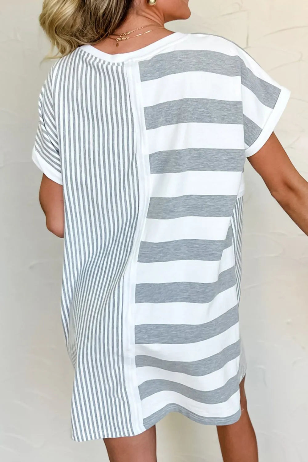 Trendsi Stripe Mixed Short Sleeve Shift Mini Tee Dress