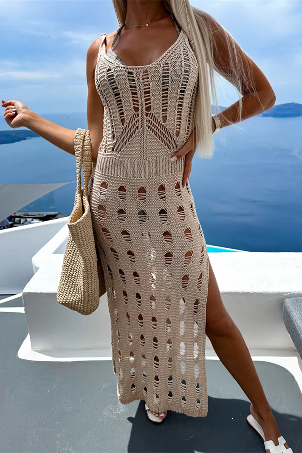 Trendsi Tan / S Openwork Slit Scoop Neck Sleeveless Cover Up