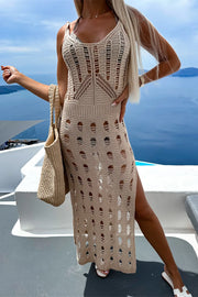 Trendsi Tan / S Openwork Slit Scoop Neck Sleeveless Cover Up