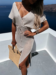 Trendsi Tan / S Slit Surplice Cap Sleeve Cover Up