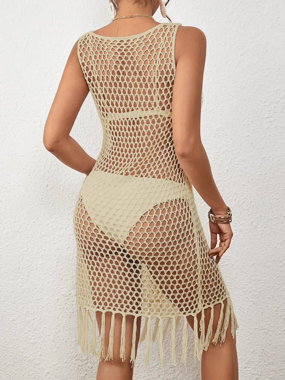 Trendsi Tassel Hem Hollow Out Sleeveless Cover Up