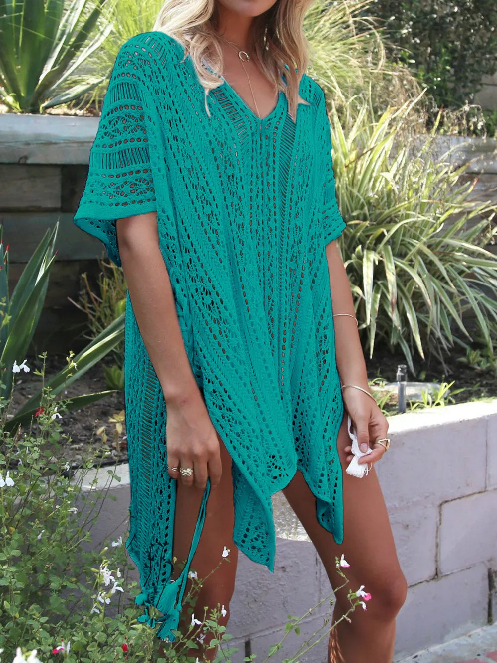 Trendsi Teal / One Size Angel Wings Cutout V-Neck Cover-Up with Tassel