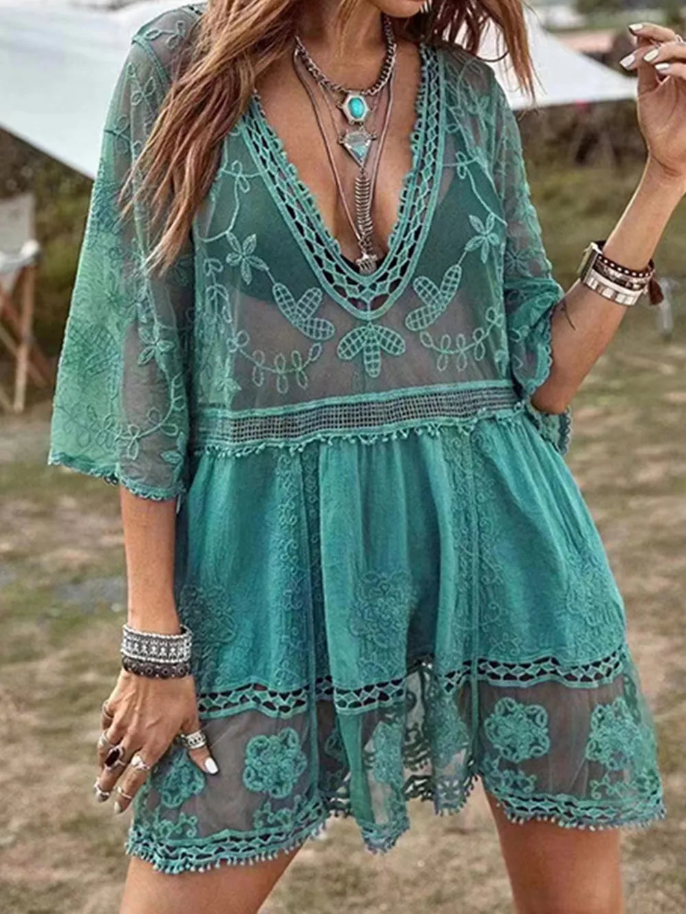 Trendsi Teal / One Size Lace Detail Plunge Cover-Up Dress