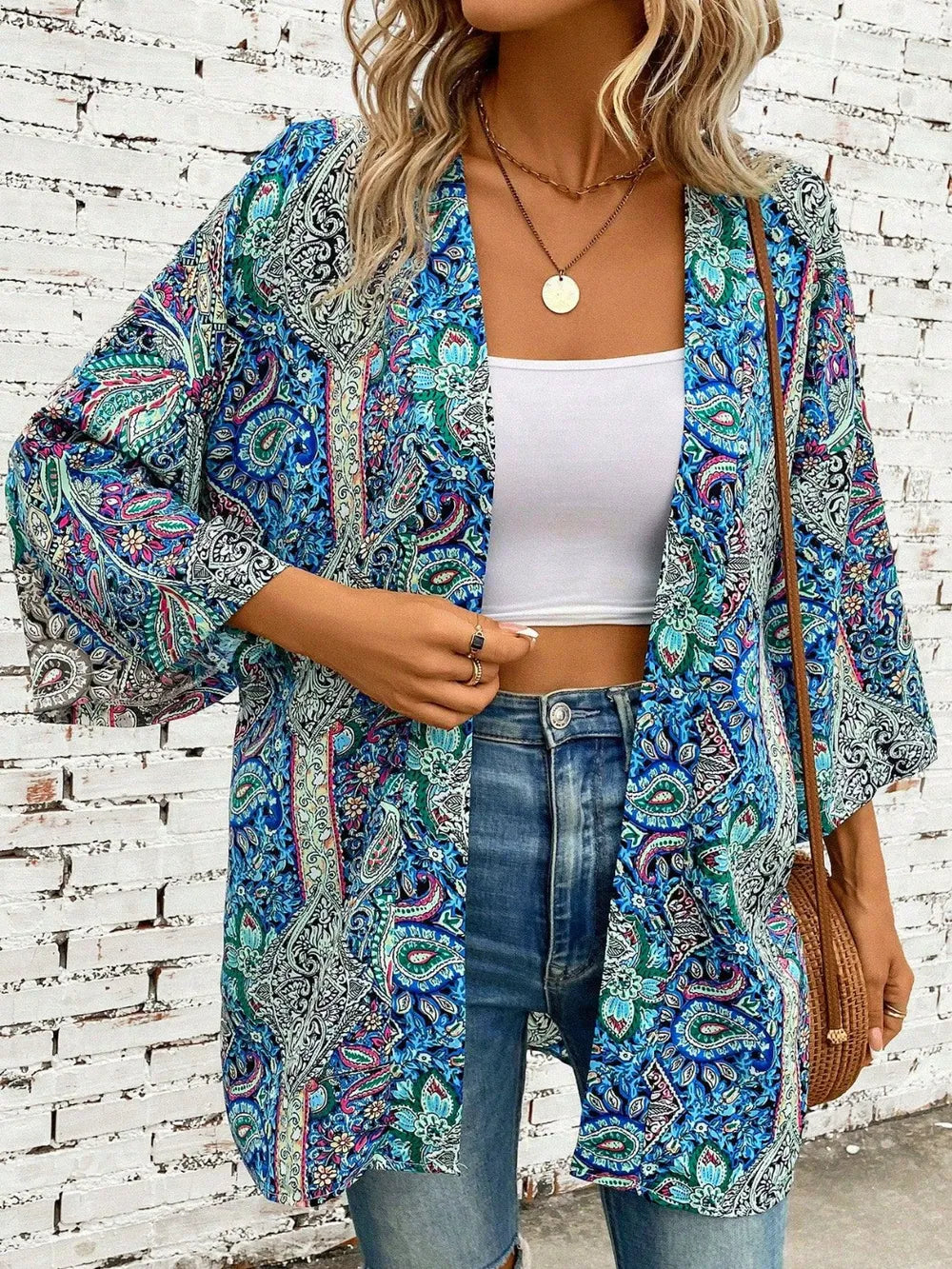 Trendsi Teal / One Size Printed Open Front Three-Quarter Sleeve Cover Up