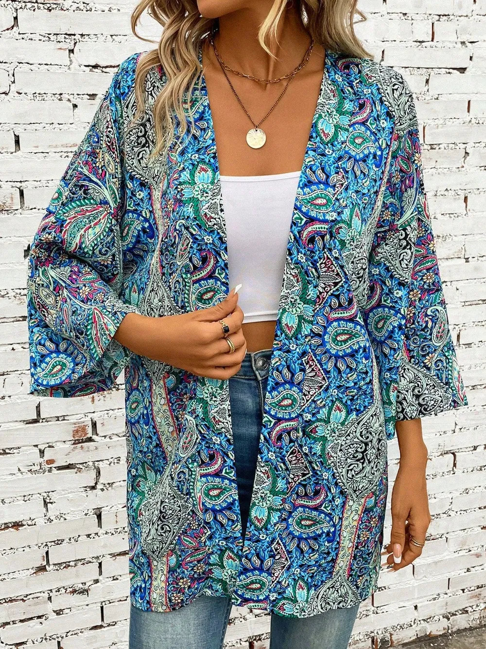 Trendsi Teal / One Size Printed Open Front Three-Quarter Sleeve Cover Up