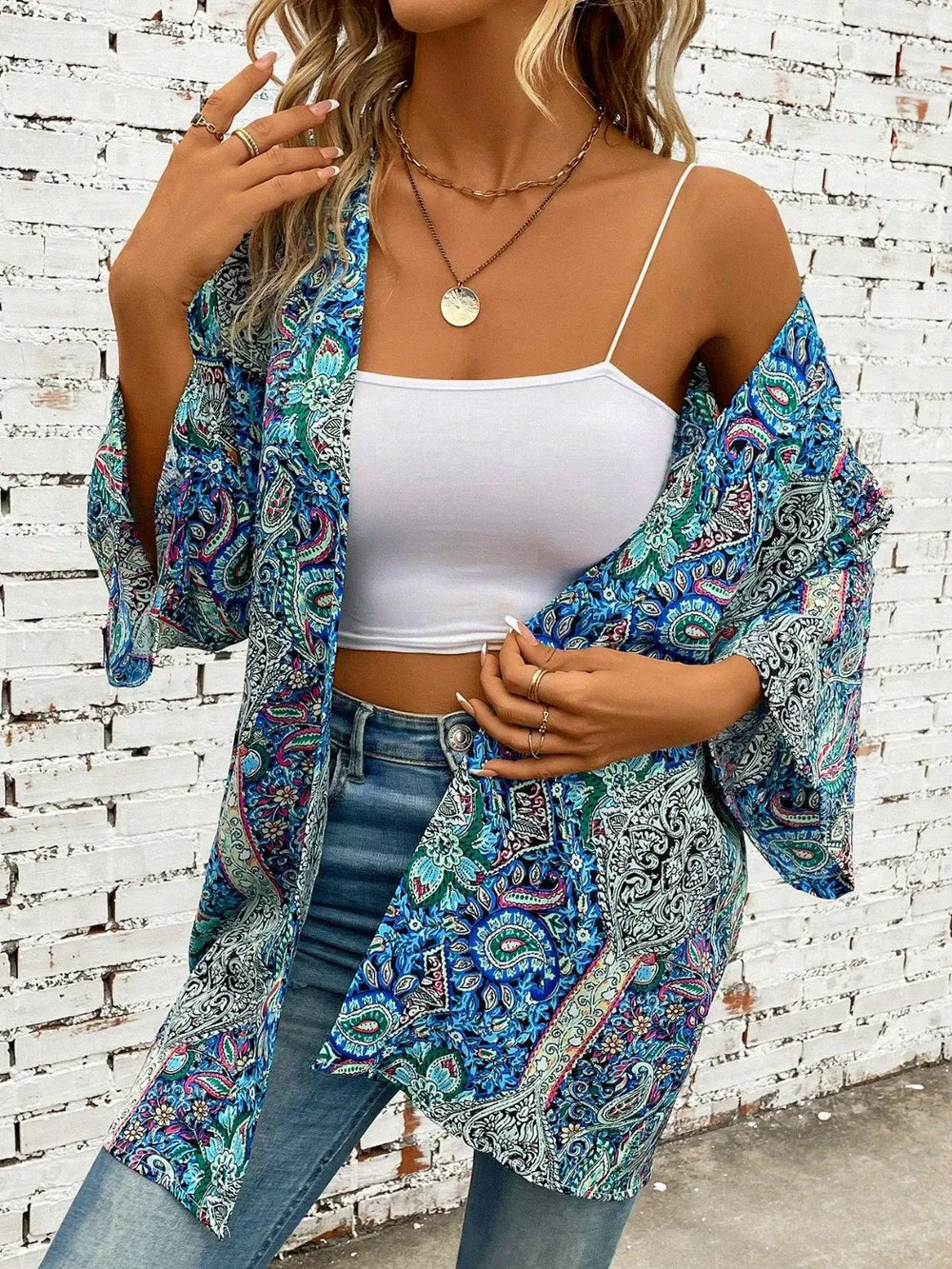 Trendsi Teal / One Size Printed Open Front Three-Quarter Sleeve Cover Up
